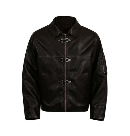 Patchwork Cotton Jacket – Loose Fit in black leather with turn-down collar and stylish closures.