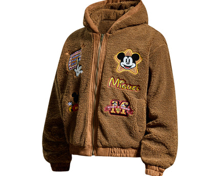 Chaqueta de algodón con capucha de shearling y bordado de letras de dibujos animados divertidos