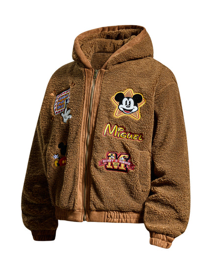 Chaqueta de algodón con capucha de shearling y bordado de letras de dibujos animados divertidos