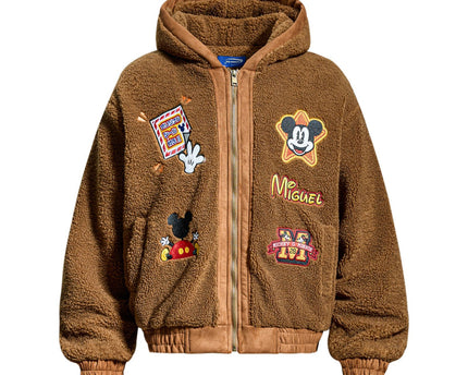 Chaqueta de algodón con capucha de shearling y bordado de letras de dibujos animados divertidos