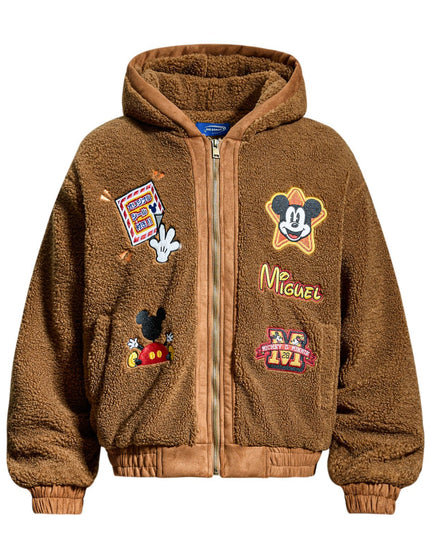 Chaqueta de algodón con capucha de shearling y bordado de letras de dibujos animados divertidos