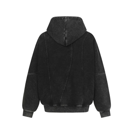 Vintage Washed Distressed Patchwork Turn-up Hem Hoodie Unisex Trendy Loose Casual Sweatshirt