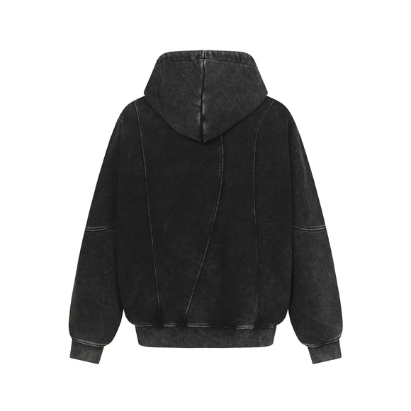 Vintage Washed Distressed Patchwork Turn-up Hem Hoodie Unisex Trendy Loose Casual Sweatshirt