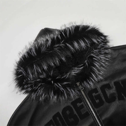 Hooded Fur Collar Jacket – Loose Fit showcasing black fur collar and cotton fabric.