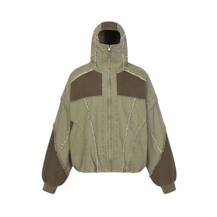 Patchwork Distressed Hooded Jacket featuring a relaxed fit, raw edge details, and color-block design in earthy tones.