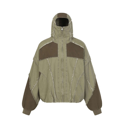 Patchwork Distressed Hooded Jacket featuring a relaxed fit, raw edge details, and color-block design in earthy tones.