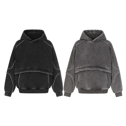Retro Washed Distressed Tape Patchwork Hoodie Unisex Streetwear Loose Casual Sweatshirt