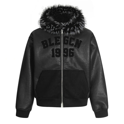 Hooded Fur Collar Jacket – Loose Fit with black design and fur trim, featuring bold letter embroidery detail.
