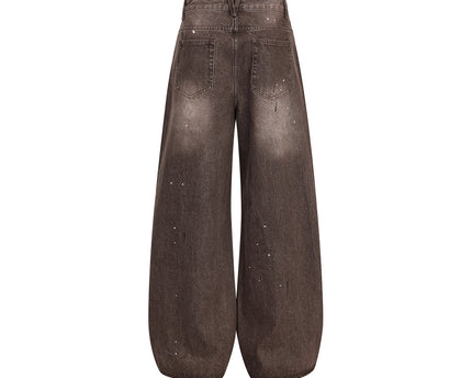 Streetwear Men's Denim Pants with Patchwork, Distressed Bleached Finish, Trendy Loose Fit, Wide Leg Style, Long Trousers