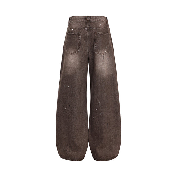 Streetwear Men's Denim Pants with Patchwork, Distressed Bleached Finish, Trendy Loose Fit, Wide Leg Style, Long Trousers