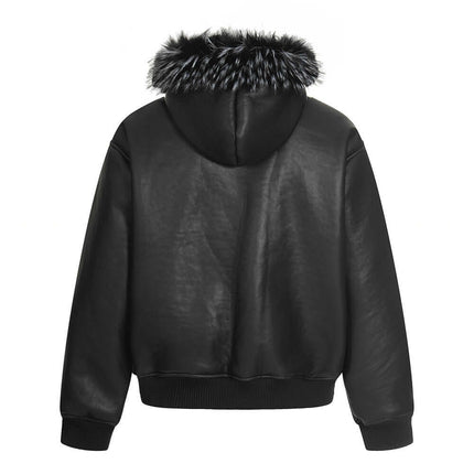 Hooded Fur Collar Jacket – Loose Fit with fur-lined hood and stylish back view in black.