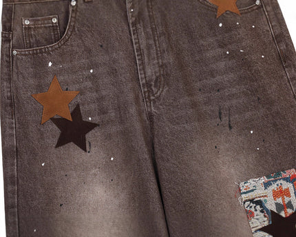 Streetwear Men's Denim Pants with Patchwork, Distressed Bleached Finish, Trendy Loose Fit, Wide Leg Style, Long Trousers