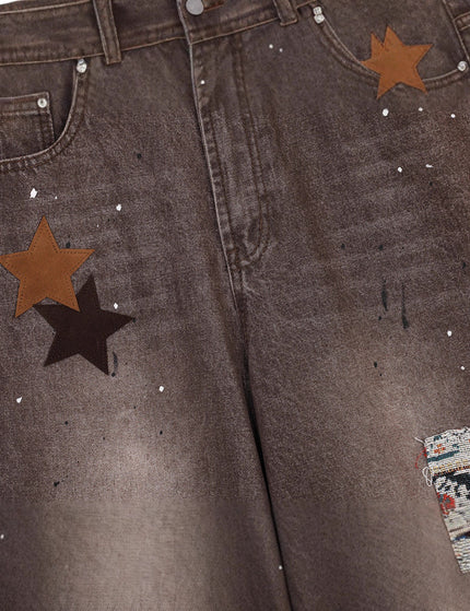 Streetwear Men's Denim Pants with Patchwork, Distressed Bleached Finish, Trendy Loose Fit, Wide Leg Style, Long Trousers