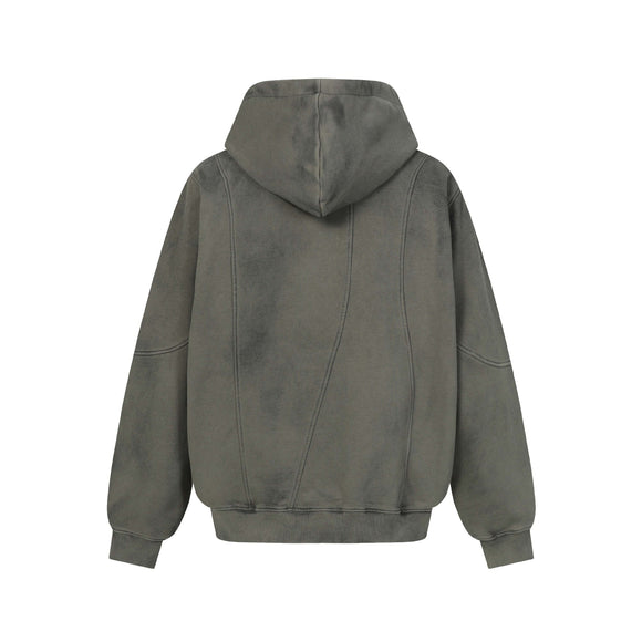 Vintage Washed Distressed Patchwork Turn-up Hem Hoodie Unisex Trendy Loose Casual Sweatshirt