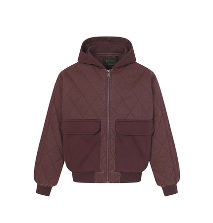Casual Distressed Zipper Hoodie – Loose Fit featuring a diamond quilt design and two front pockets in a burgundy color.
