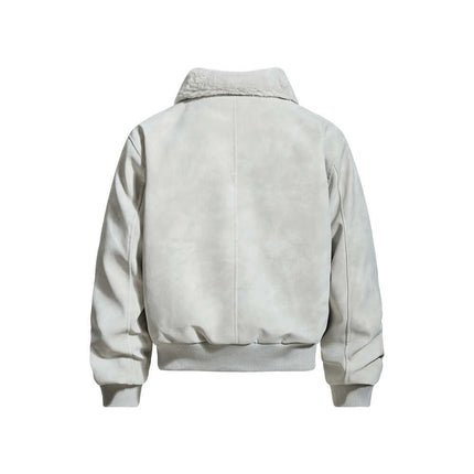 Street Style Cotton Jacket – Loose Fit - Back view showing light grey fabric with turn-down collar and ribbed hem.