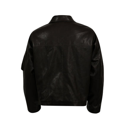 Retro Cotton Coat with PU Leather Patchwork – Loose Fit