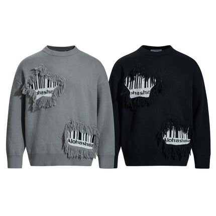 Fringe Patchwork Knit Sweater – Loose Fit in gray and black with fringe detailing and graphic accents.