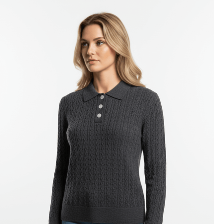 Polo Collar Knit Pullover Sweater – Fitted in dark gray, featuring a classic collar and button detail.