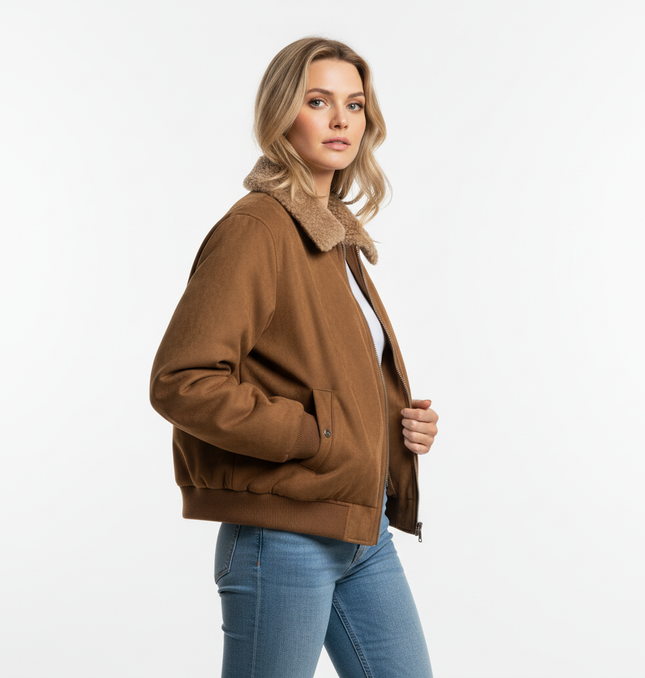 Faux Suede Fur Collar Jacket – Loose Fit