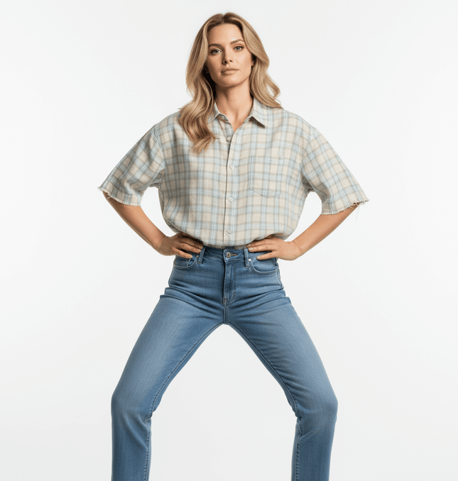 Frayed Hem Checkered Shirt - Loose Fit model wearing a casual blue checkered shirt with jeans.