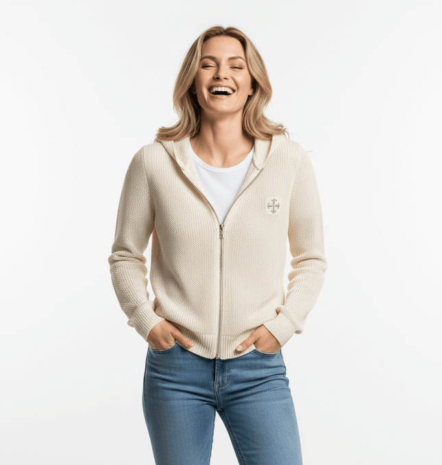 Hooded Embroidered Knit Cardigan worn by a smiling woman, showcasing the stylish design and cozy fit.