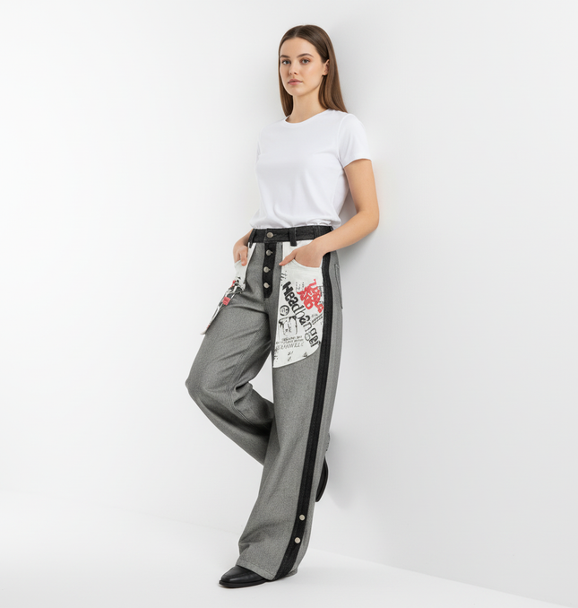 Printed Deconstructed Asymmetrical Jeans