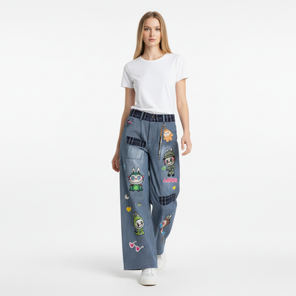 Cartoon Washed Denim Pants - Loose Fit