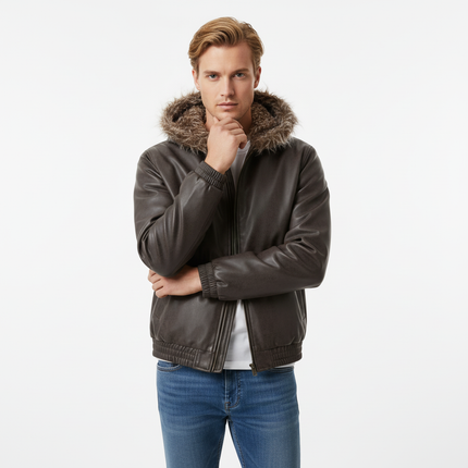 Wool Collar PU Pilot Jacket – Loose Fit