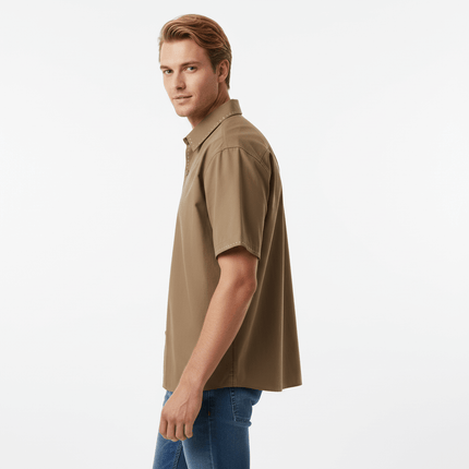 Minimal Casual Loose Short Sleeve Shirt in brown, ideal for relaxed outdoor settings.