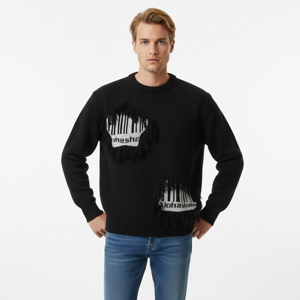 Fringe Patchwork Knit Sweater – Loose Fit