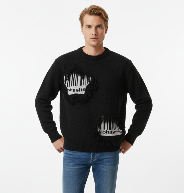 Fringe Patchwork Knit Sweater – Loose Fit