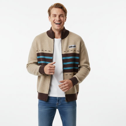 High Neck Stripe Jacquard Cardigan