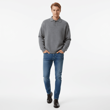 Casual Ribbed Half-Zip Sweater worn by a model with blue jeans and black shoes.