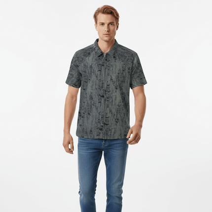 Distressed Short Sleeve Shirt - Loose Fit worn by a man, showcasing modern streetwear style and a comfortable fit.