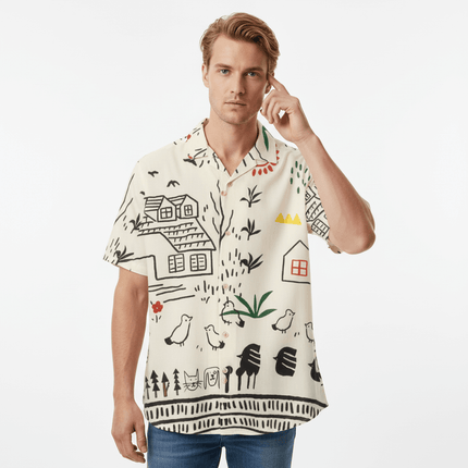 Cartoon Stripe Short Sleeve Shirt - Loose Fit worn by a man with playful cartoon patterns and casual vibes.