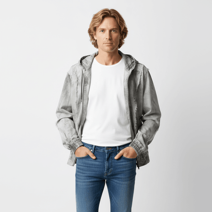 Spray Paint Spliced Jacket – Casual Fit worn by a model, showcasing a stylish urban look with casual jeans.