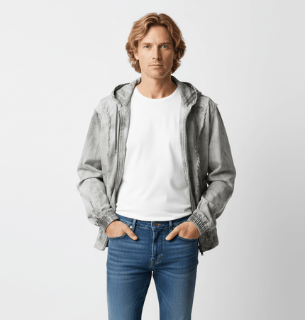 Spray Paint Spliced Jacket – Casual Fit worn by a model, showcasing a stylish urban look with casual jeans.