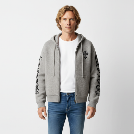 Letter Jacquard Knit Hoodie – Loose Fit