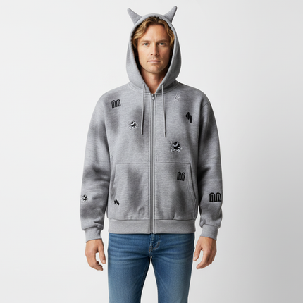 Distressed Letter Zip Hoodie - Loose Fit