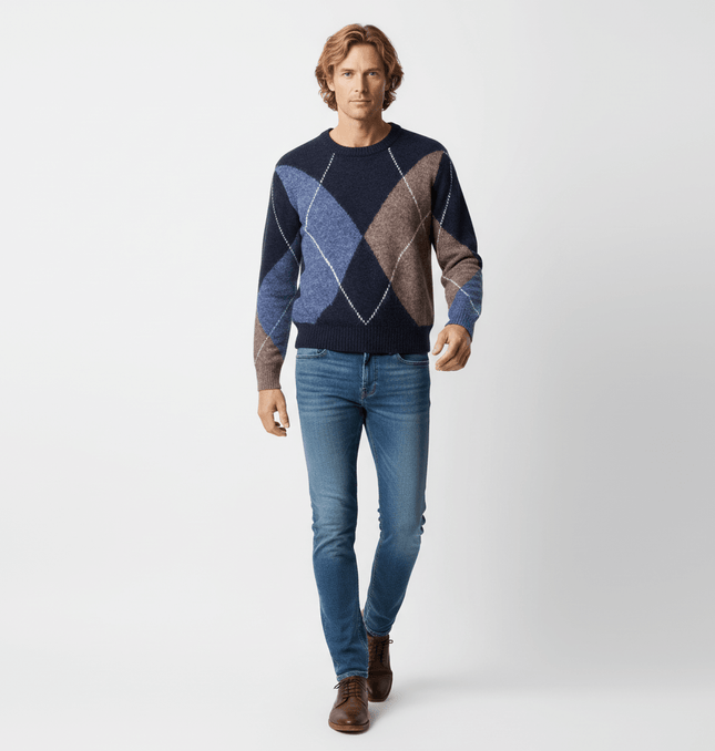 Man wearing a Diamond Pattern Knit Sweater with classic diamond shapes and regular fit silhouette.