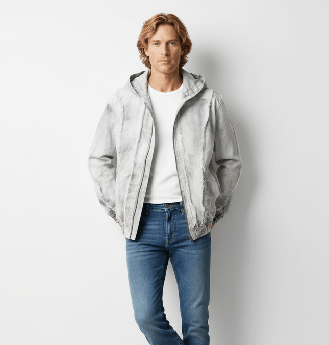 Spray Paint Spliced Jacket – Casual Fit shown on a model standing against a plain background, depicting urban style and comfort.