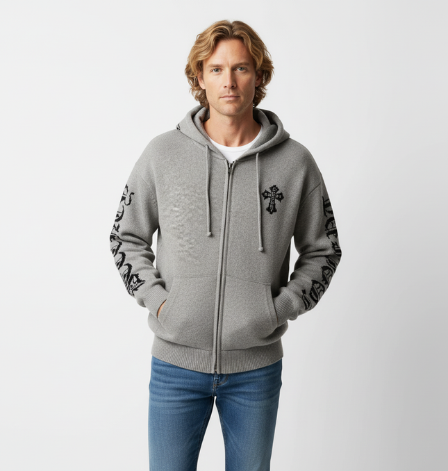 Letter Jacquard Knit Hoodie – Loose Fit