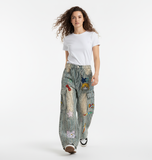 Straight Retro Star Pendant Cartoon Jeans