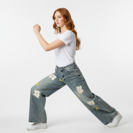 Casual Cartoon Embroidered Denim Pants