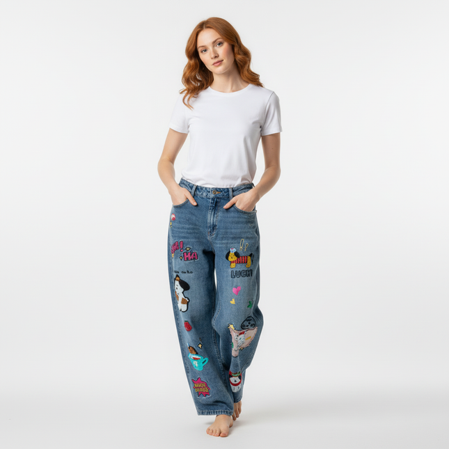Cartoon Patch College Denim Pants