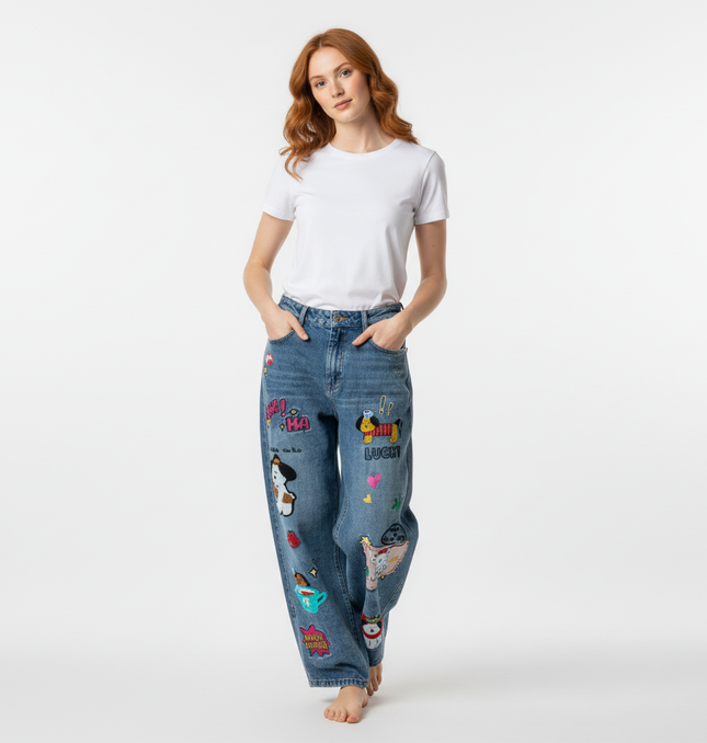 Cartoon Patch College Denim Pants