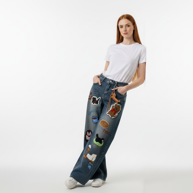 Vintage Washed Cartoon Embroidered Jeans