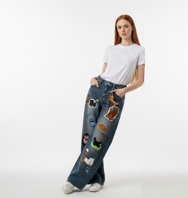 Vintage Washed Cartoon Embroidered Jeans