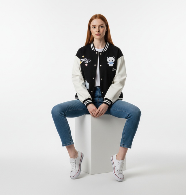 Cat Embroidered Baseball Jacket - Loose Fit
